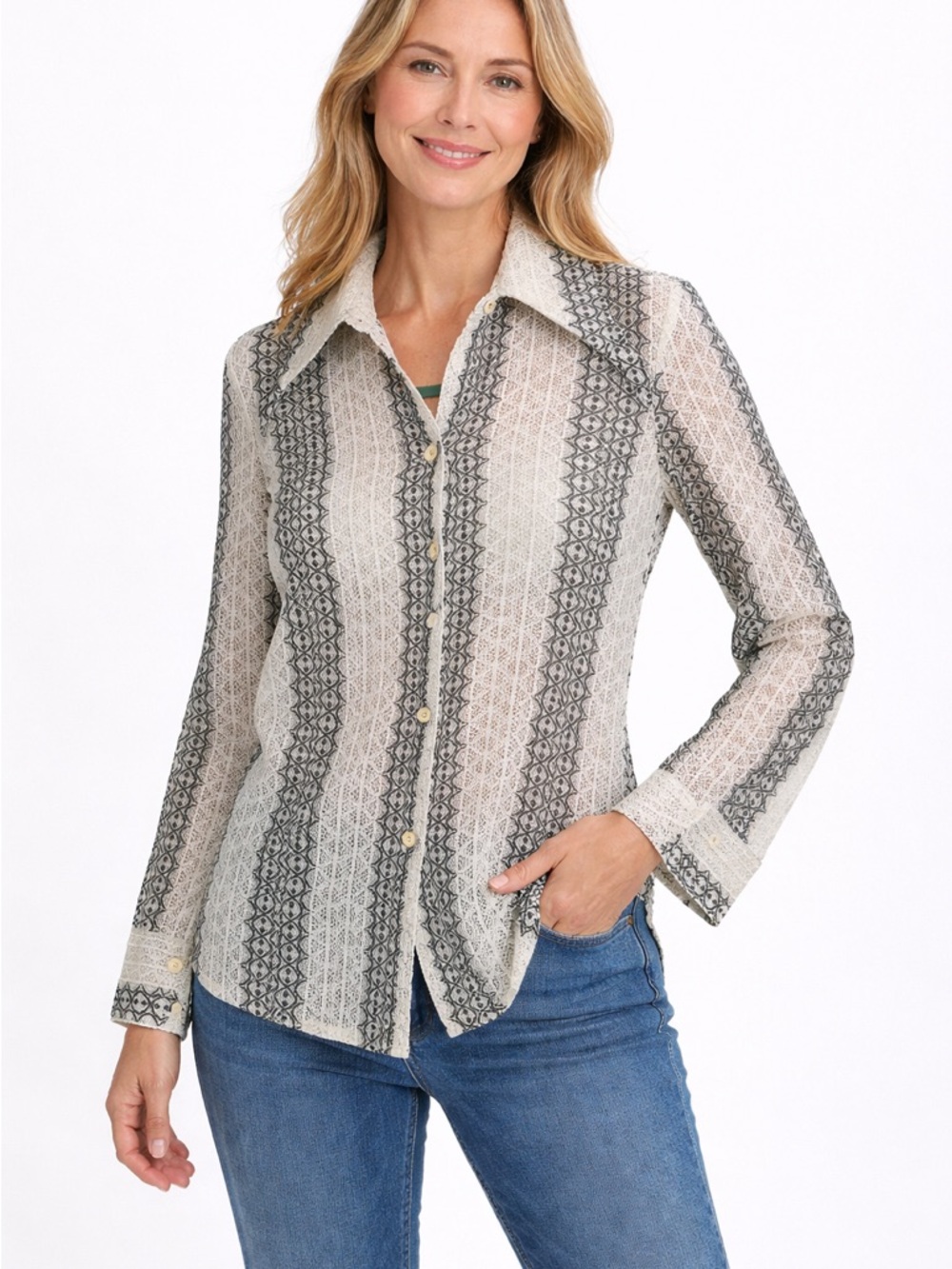 Vintage Dark green and White Patterned Lace Shirt